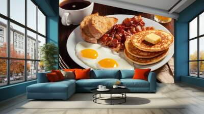 traditional full american breakfast eggs pancakes with bacon and toast Wall mural