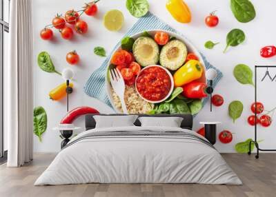 vegan buddha bowl. healthy lunch bowl with avocado, tomato, bell peppers, quinoa and salsa Wall mural