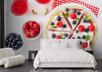 watermelon pizza slices with yogurt and berries, summer dessert Wall mural