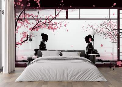 Minimalistic flat illustration of two people enjoying a traditional tea ceremony amid cherry blossoms Wall mural