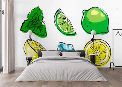 Mint, lime, lemon and ice - set of ingredient colorful icons. Brush painted hand drawn illustration of mojito cocktail components. Printable template for packaging, menu, postcards on transparent. Wall mural