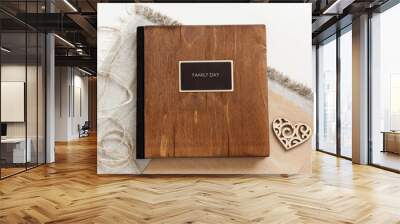 family album with wooden cover. Book or notebook with inscription 