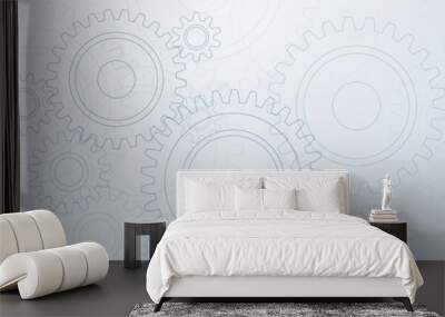 Abstract illustration with a pattern of large and small gears, in blue colors on a white background Wall mural