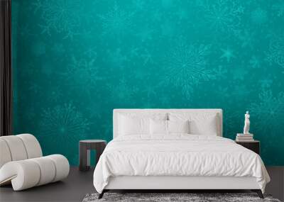 Background of complex big and small Christmas snowflakes in turquoise colors. Winter illustration with falling snow Wall mural