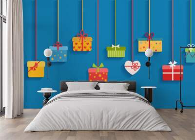 background with hanging gift boxes Wall mural