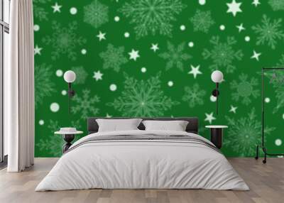 Banner of complex Christmas snowflakes in green colors with seamless horizontal repetition. Winter background with falling snow Wall mural