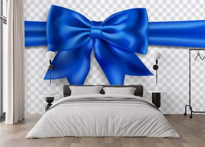 Beautiful blue bow with horizontal ribbon with shadow on transparent background. Transparency only in vector format Wall mural