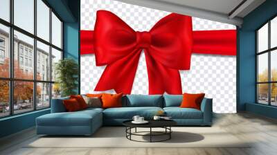 Beautiful red bow with horizontal ribbon with shadow on transparent background Wall mural