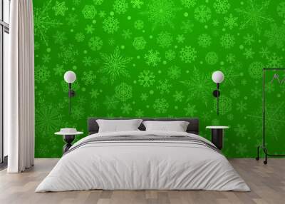 Christmas background of various complex big and small snowflakes, in green colors Wall mural