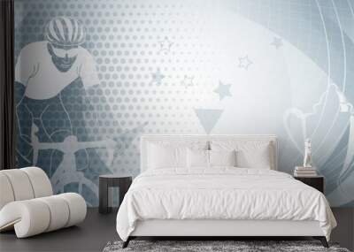 Cycling themed background in gray colors with sport symbols such as an athlete cyclist and a cup, as well as abstract curves and dots Wall mural