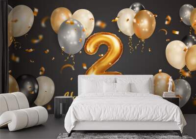 Festive birthday illustration with white, black and gold helium balloons, big number 2 golden foil balloon, flying shiny pieces of serpentine and inscription Happy Birthday on dark background Wall mural