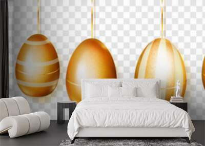 Horizontal banner of golden Easter eggs with stripes and without hanging on transparent background Wall mural