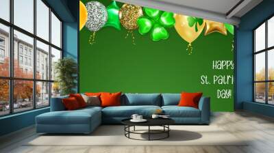 Illustration on St. Patrick's Day with flying colored helium balloons: round, star-shaped, and in the form of a four-leaf clover, on green background Wall mural