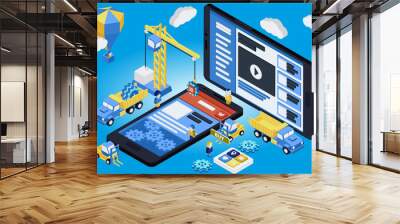 Mobile App Development, Experienced Team. Flat 3d isometric Wall mural