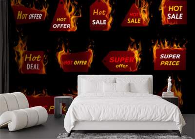 Set of burning sale labels and tags in various shapes in red colors with white and yellow inscriptions Wall mural