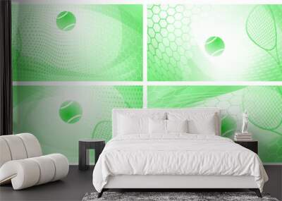 Set of four abstract tennis backgrounds with ball and racket in light green colors Wall mural