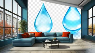 Set of realistic translucent water drops in light blue colors in various shapes with glares and shadows, isolated on transparent background. Transparency only in vector format Wall mural