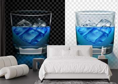 Translucent glass of blue water with ice cubes. Two options, for dark and light background. Transparency only in vector format Wall mural