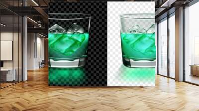 Translucent glass of green cocktail with ice cubes. Two options, for dark and light background. Transparency only in vector format Wall mural