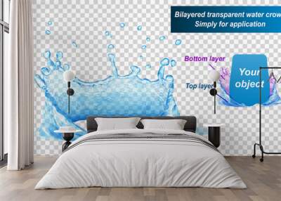 Transparent water crown consist of two layers: top and bottom. Splash of water in light blue colors, isolated on transparent background. Transparency only in vector file Wall mural