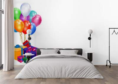 Vector illustration with bunch of colored gift boxes with ribbons and bows and multicolor balloons on white background Wall mural