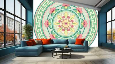 Mosaic circular ornament based on lotus theme in pink and green colors in a roman style. For ceramics, tiles, ornaments, backgrounds and other projects. Wall mural