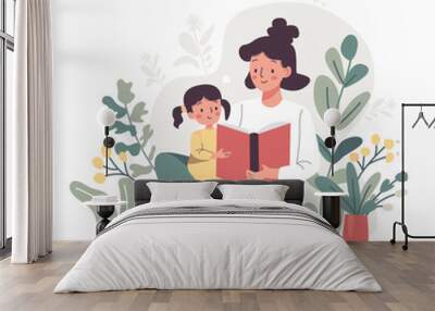 Mother and child reading book together.  Mom and girl kid relax with fairytale book. Flat vector illustration isolated on white background Wall mural