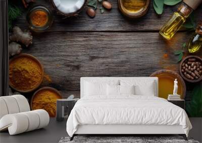 Natural health supplements and turmeric powder on rustic wooden background Wall mural