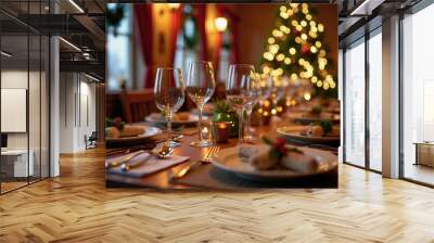 A festive holiday dinner setting with twinkling lights and elegant table arrangements in a cozy venue Wall mural