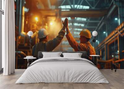 Labor Day, two factory workers high-fiving in a manufacturing plant, bright artificial lighting, positive and energetic mood, industrial machinery in the background Wall mural