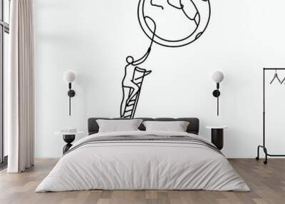 Person climbing ladder reaching for the moon in line drawing Wall mural