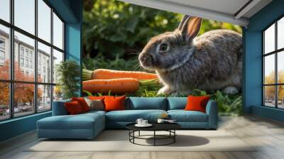 One small rabbit with two carrots in the garden Wall mural