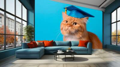 Orange cat wearing university graduate hat on blue background, Wall mural