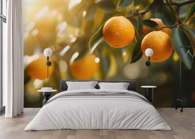 oranges and green leaves on a branch Wall mural