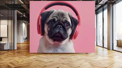 Photo portrait of a funny pug puppy with headphones on a pink background Wall mural