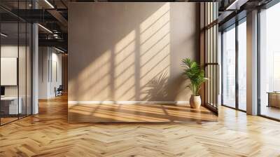 Light falling on the wall of a modern house with panoramic windows, light of the sun on the wall, shadows on the brown wall Wall mural