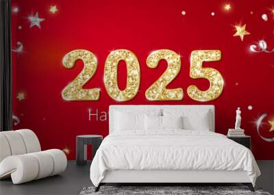 2025 golden glitter numbers. Happy new year banner. Background with gold and silver confetti. Wall mural