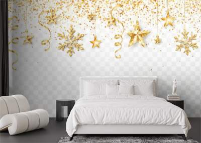 Christmas glitter decoration.Golden glittering stars and snowflakes.Confetti frame for winter holidays banners, new year party posters, advertising.Transparent background can be removed in vector file Wall mural