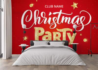 Christmas party poster template. Golden ornaments decoration. Wall mural