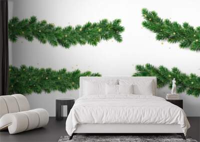 Christmas tree garland isolated on white. Realistic pine tree branches with golden confetti decoration. Vector border for holiday banners, party posters, cards, headers. Wall mural