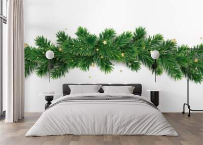 Christmas tree garland isolated on white. Realistic pine tree branches with golden confetti decoration. Wall mural