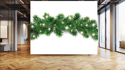 Christmas tree garlands on transparent background. Realistic pine-tree branches with glowing sparkling Christmas lights decoration. Vector border for holiday banners, party posters, cards, headers. Wall mural