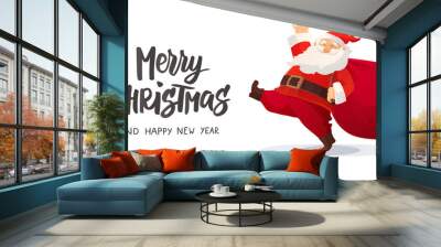 Funny cartoon Santa Claus with huge red bag with presents. Merry Christmas hand drawn text Wall mural