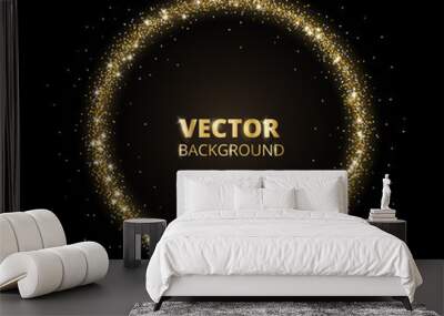 Golden sparkle background, glitter circle frame. Black and gold vector dust. Wall mural