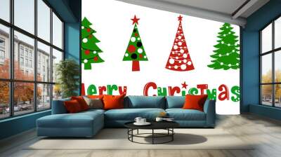 Holiday banner with Christmas tree illustrations and Merry Christmas text. Cartoon fir tree. Vector design elements isolated on white. For winter season cards, tags, New year party posters, headers. Wall mural