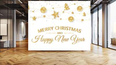 Merry Christmas banner with gold decoration on white background Wall mural