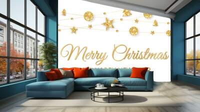 Merry Christmas banner with gold decoration on white background Wall mural