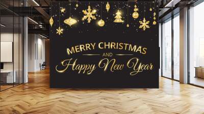 Merry Christmas banner with sparkling gold decoration on black background Wall mural