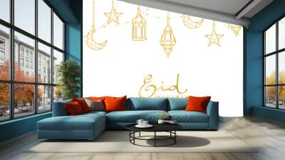 Ramadan golden decoration. Hanging lanterns, crescents, stars. Islamic celebration border. Traditional eastern ornaments, lamps isolated on white. Muslim holidays garland. Eid mubarak calligraphy. Wall mural