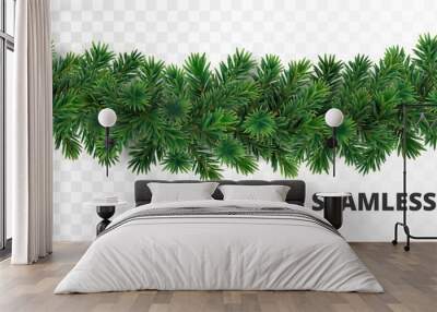 Seamless Christmas tree decoration. Pine tree garland. Realistic vector branches. Border for holiday banners, posters, cards, promotions. Wall mural